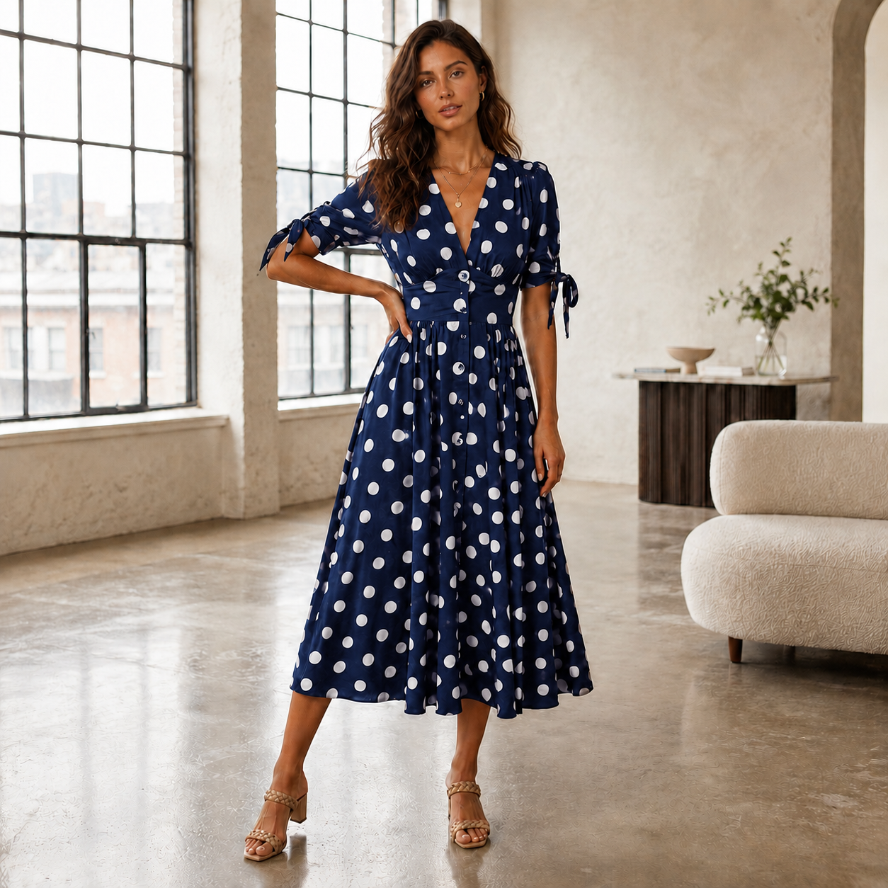 Polka Dot Dress | Women, V-Neck | Button Front Style