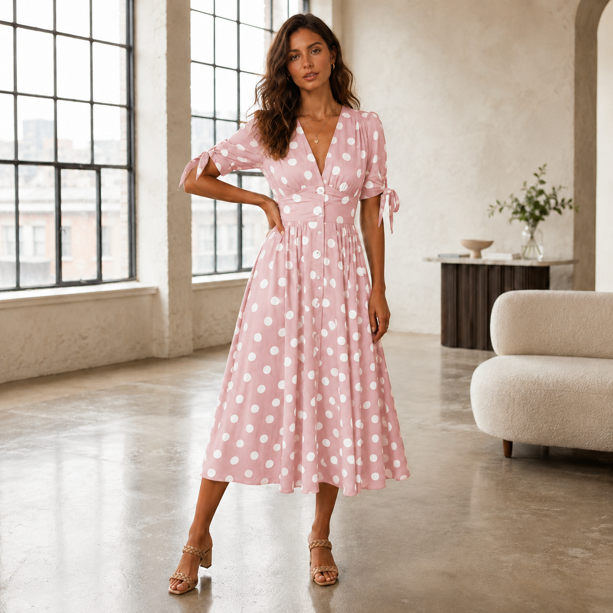 Polka Dot Dress | Women, V-Neck | Button Front Style