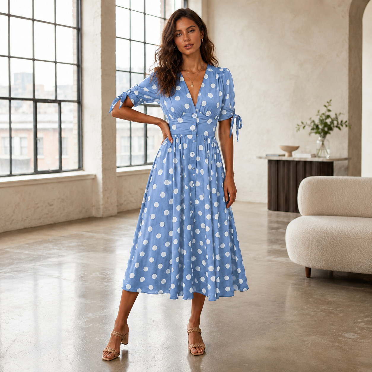 Polka Dot Dress | Women, V-Neck | Button Front Style