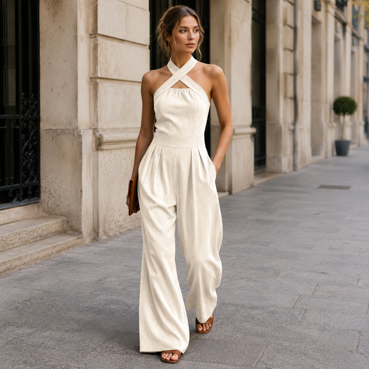 Women's Jumpsuit | Halter Neck, Wide Leg | Sleeveless Pocket One-Piece