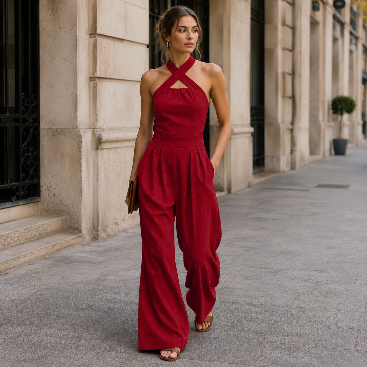 Women's Jumpsuit | Halter Neck, Wide Leg | Sleeveless Pocket One-Piece