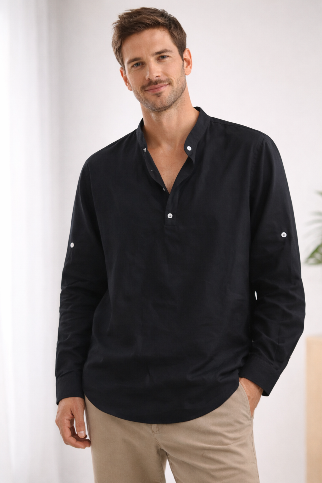 Men's Long Sleeve Shirt | Loose Fit, Stand Collar