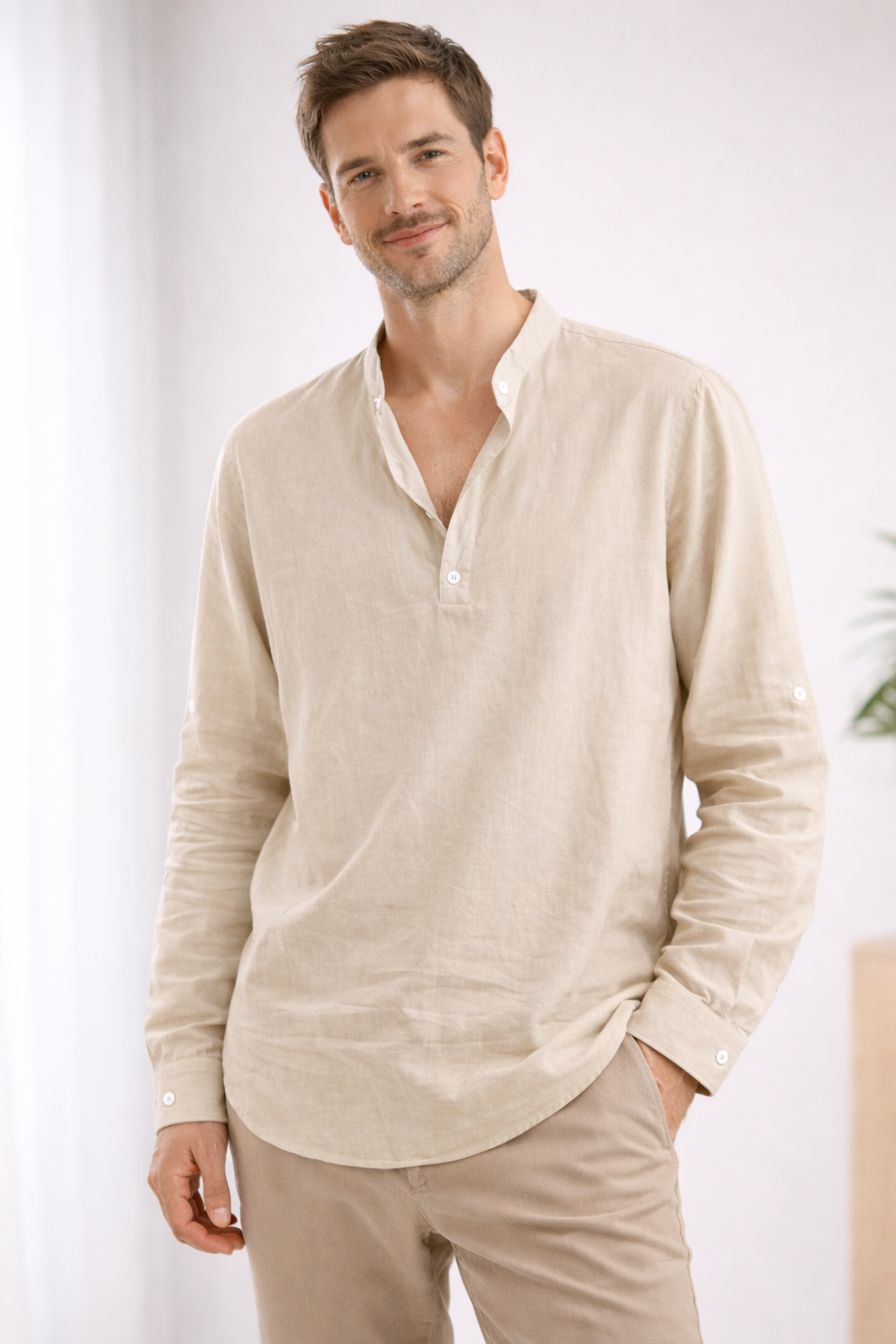 Men's Long Sleeve Shirt | Loose Fit, Stand Collar