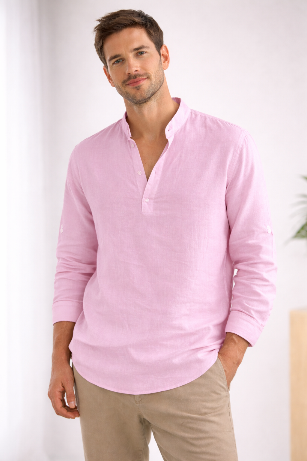 Men's Long Sleeve Shirt | Loose Fit, Stand Collar