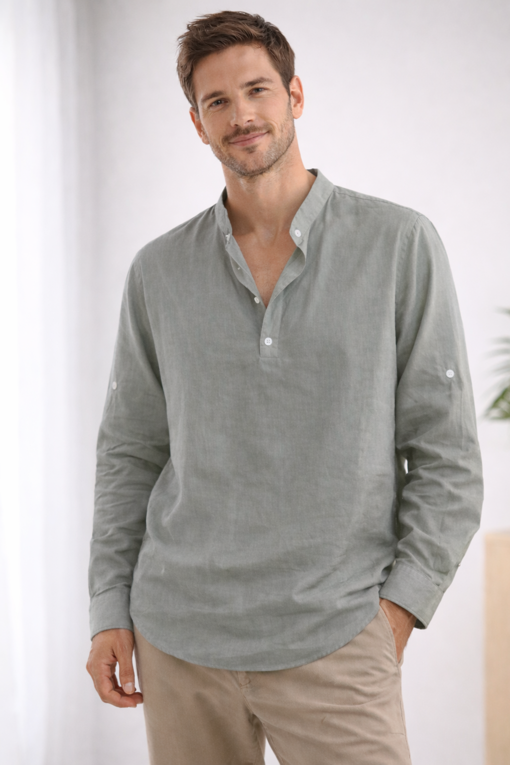 Men's Long Sleeve Shirt | Loose Fit, Stand Collar
