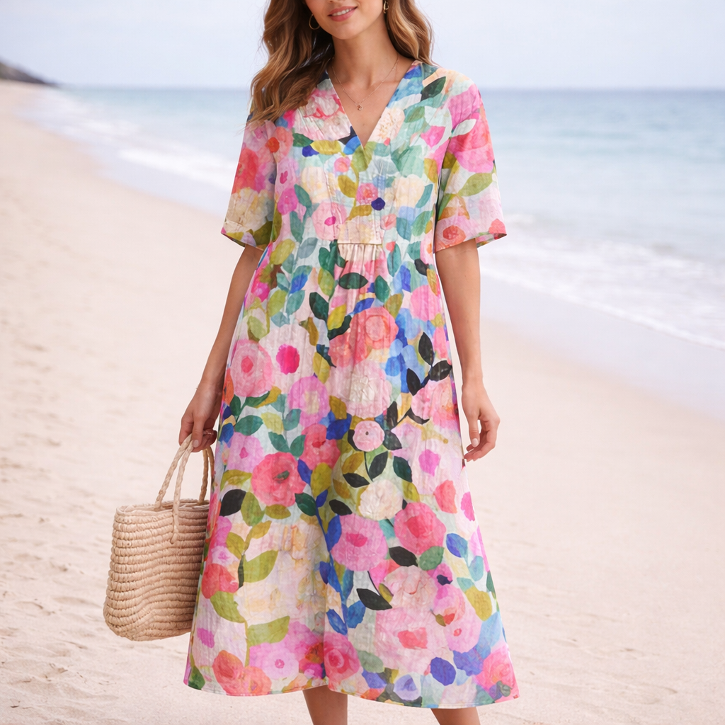 Women's Floral Summer Dress | Midi V-Neck | Casual Beach Style