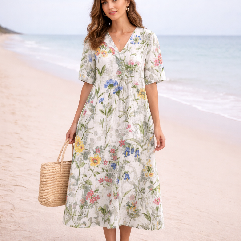 Women's Floral Summer Dress | Midi V-Neck | Casual Beach Style
