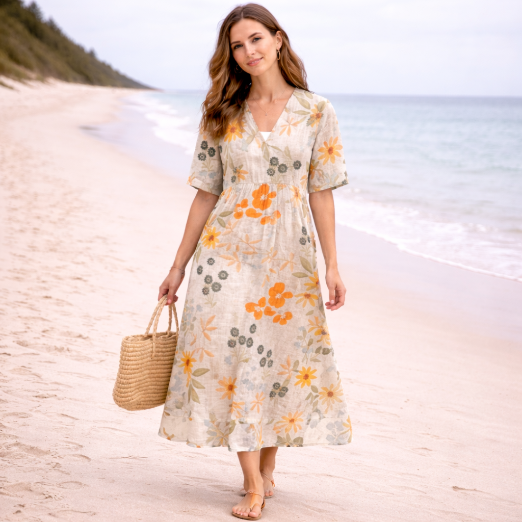 Women's Floral Summer Dress | Midi V-Neck | Casual Beach Style