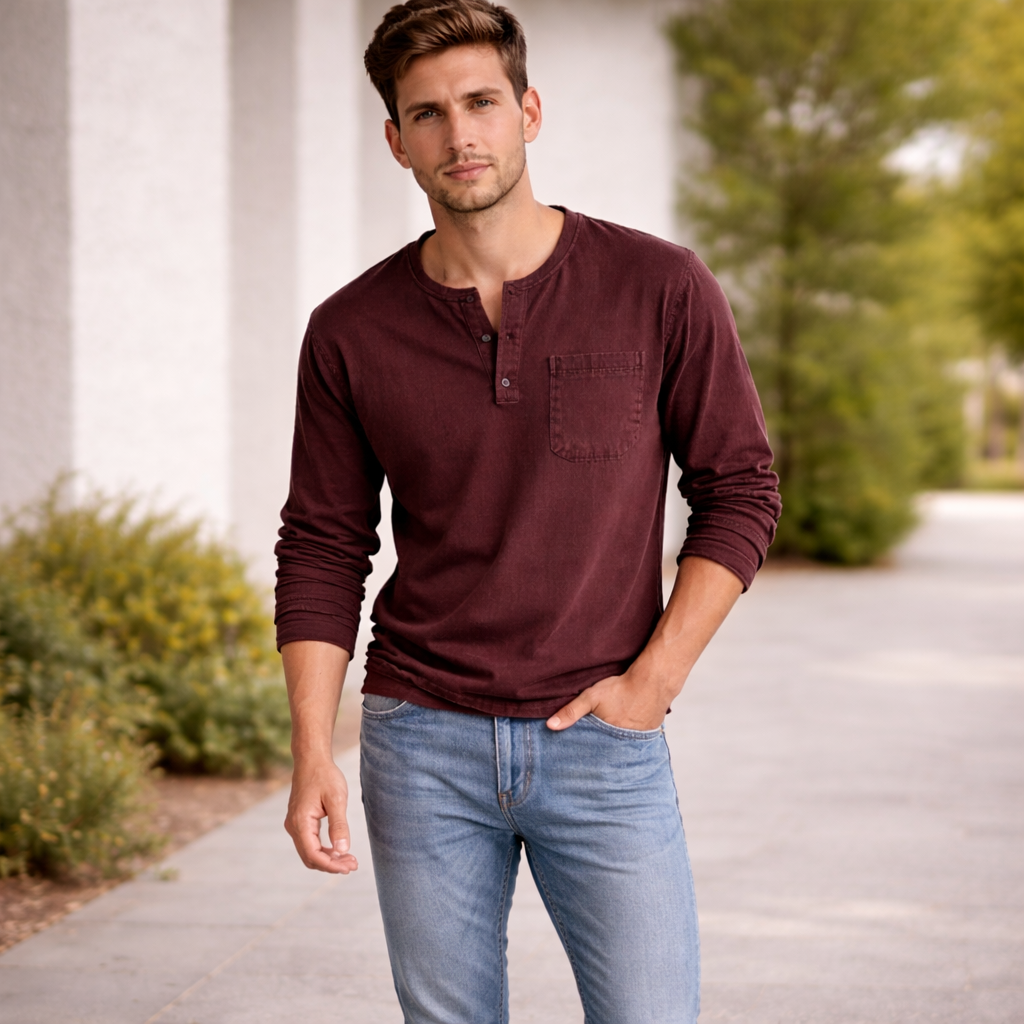 Men's Henley Shirt | Long Sleeve Cotton | Casual Style