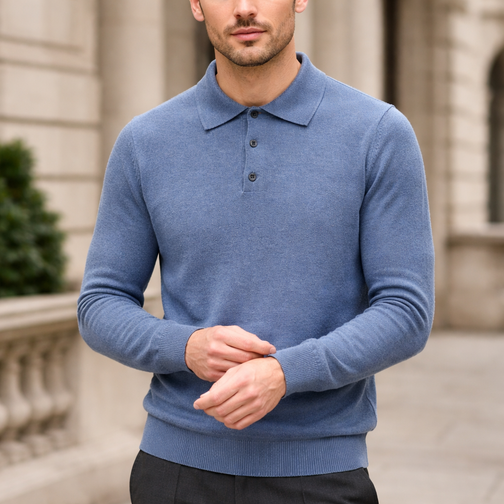 Men’s Polo Knit Sweater - Soft Pullover Long Sleeve
