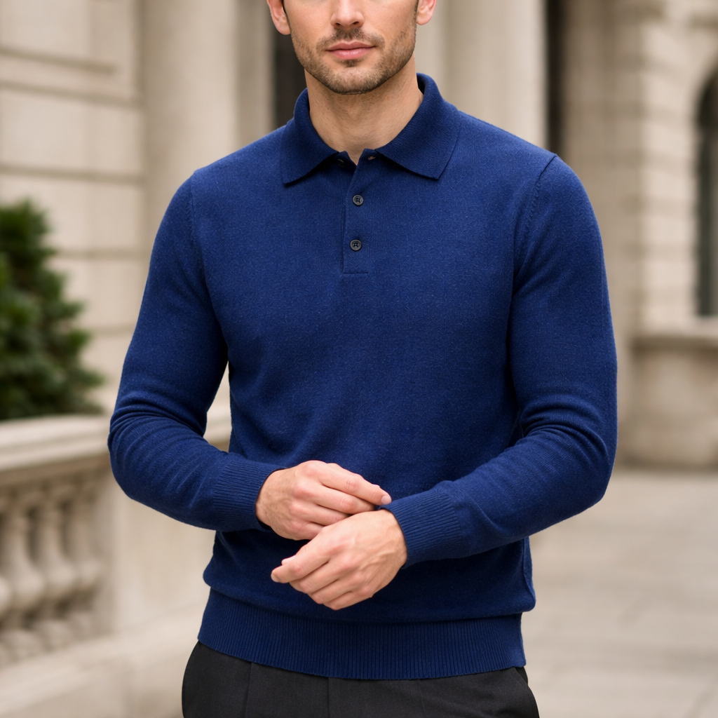 Men’s Polo Knit Sweater - Soft Pullover Long Sleeve