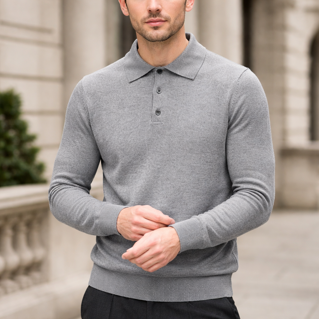 Men’s Polo Knit Sweater - Soft Pullover Long Sleeve