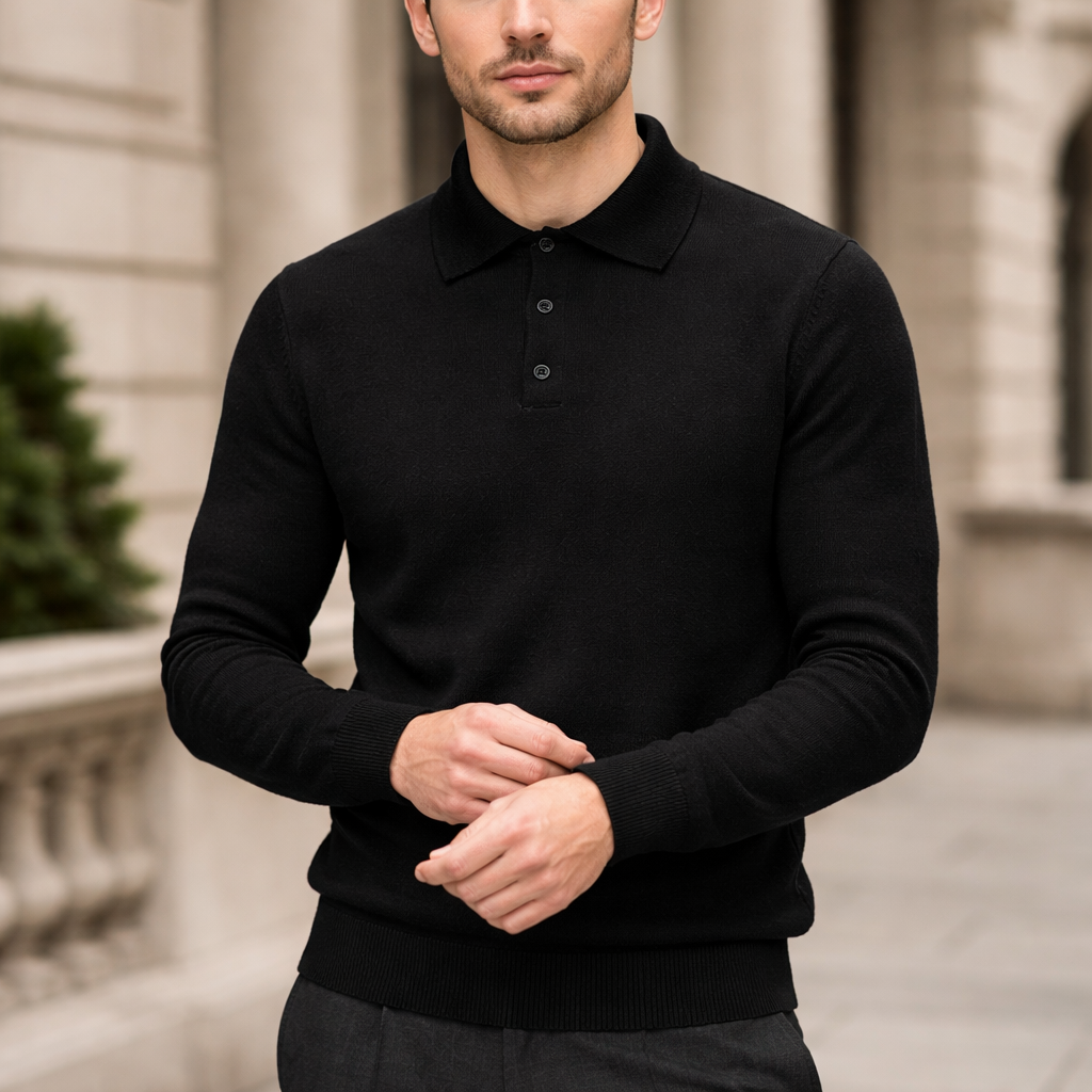 Men’s Polo Knit Sweater - Soft Pullover Long Sleeve
