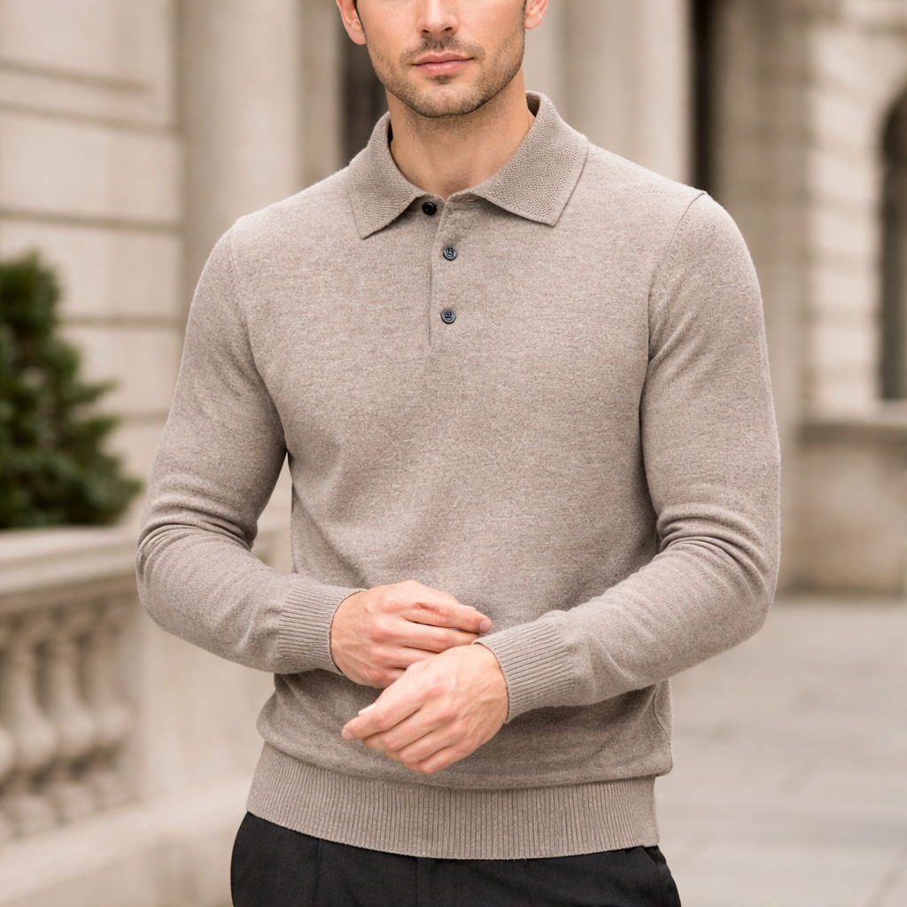Men’s Polo Knit Sweater - Soft Pullover Long Sleeve