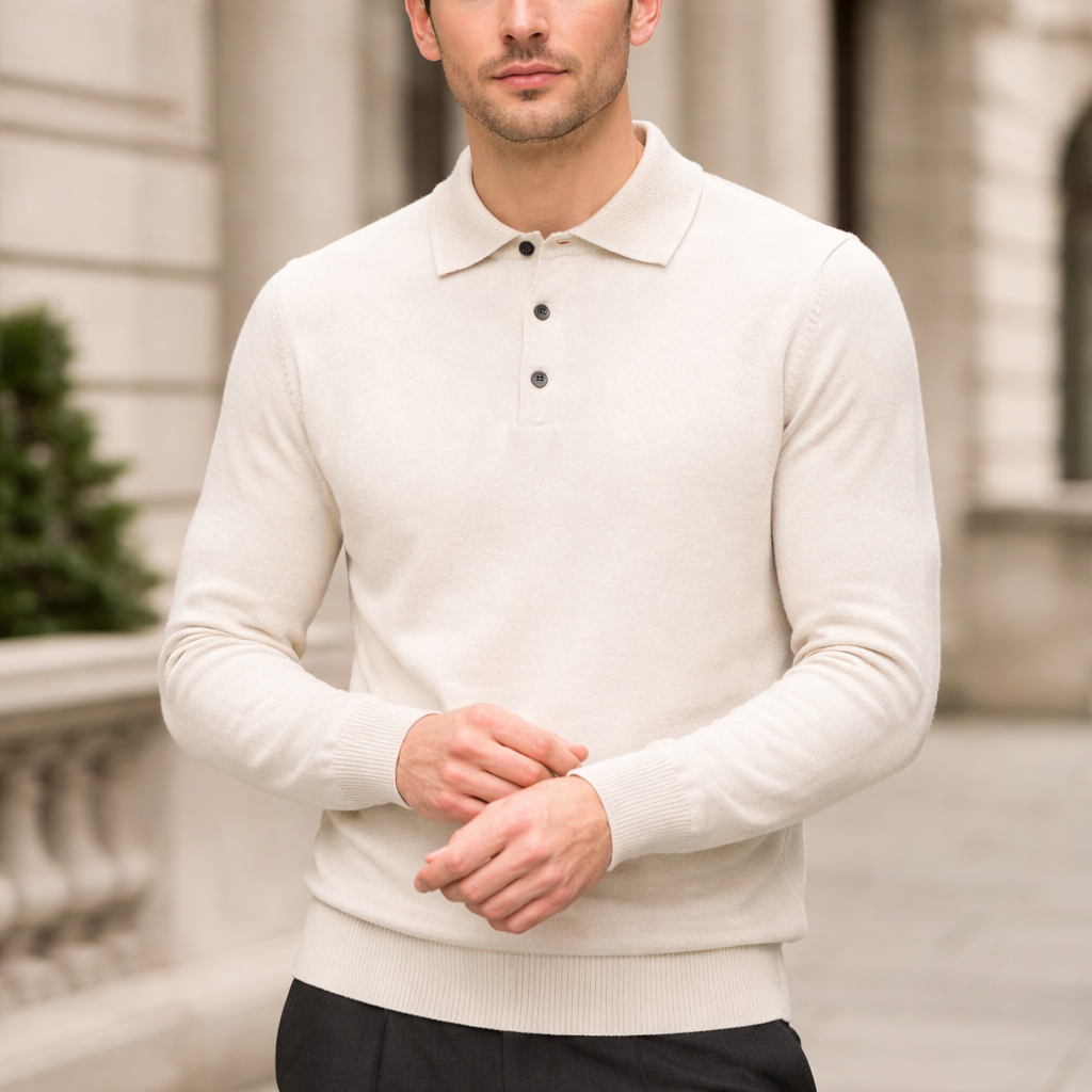 Men’s Polo Knit Sweater - Soft Pullover Long Sleeve