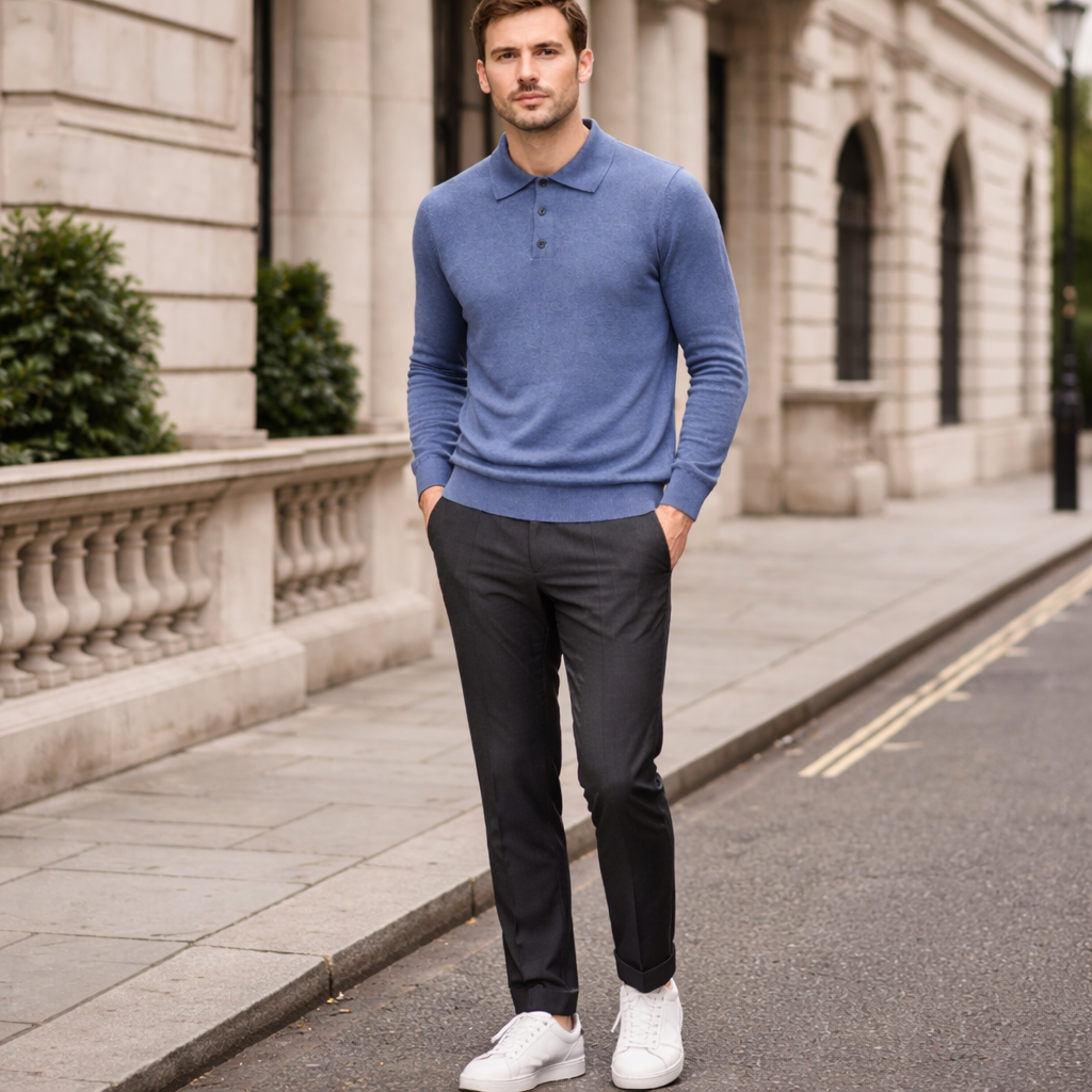 Men’s Polo Knit Sweater - Soft Pullover Long Sleeve
