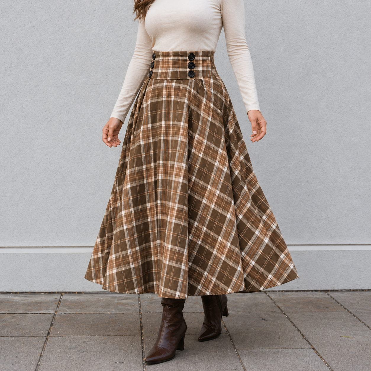 Maxi Skirt High Waist A-Line Plaid Design