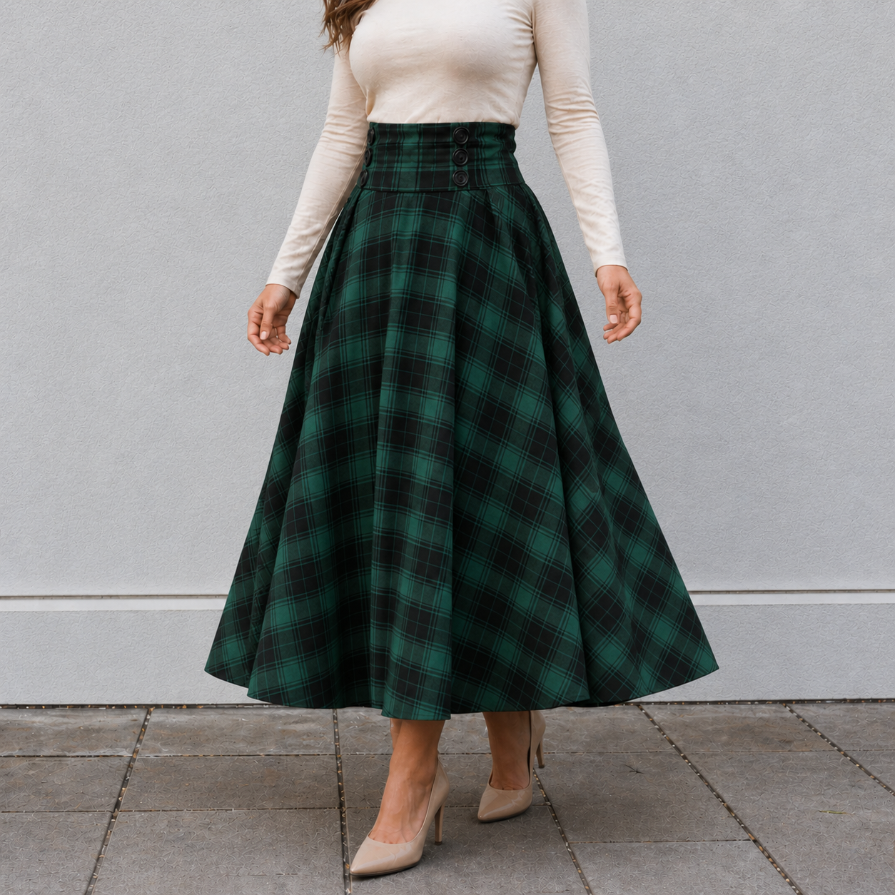 Maxi Skirt High Waist A-Line Plaid Design