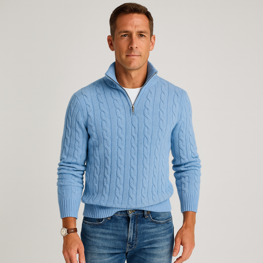 Men cable knit half zip sweater mock neck in classic textured pattern