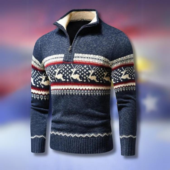 Mens Christmas jumper quarter zip with reindeer pattern, knitted winter sweater