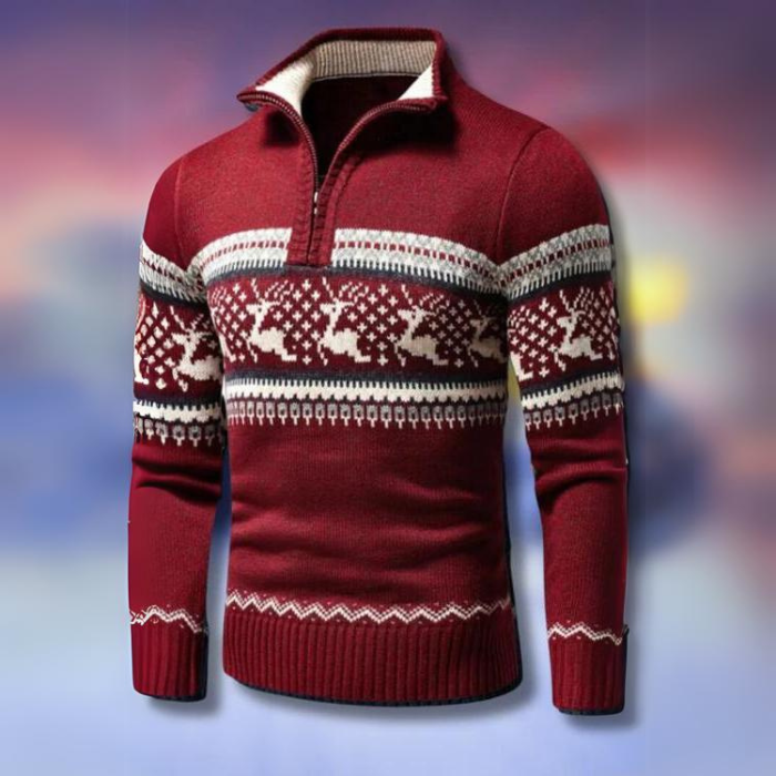 Mens Christmas jumper quarter zip with reindeer pattern, knitted winter sweater