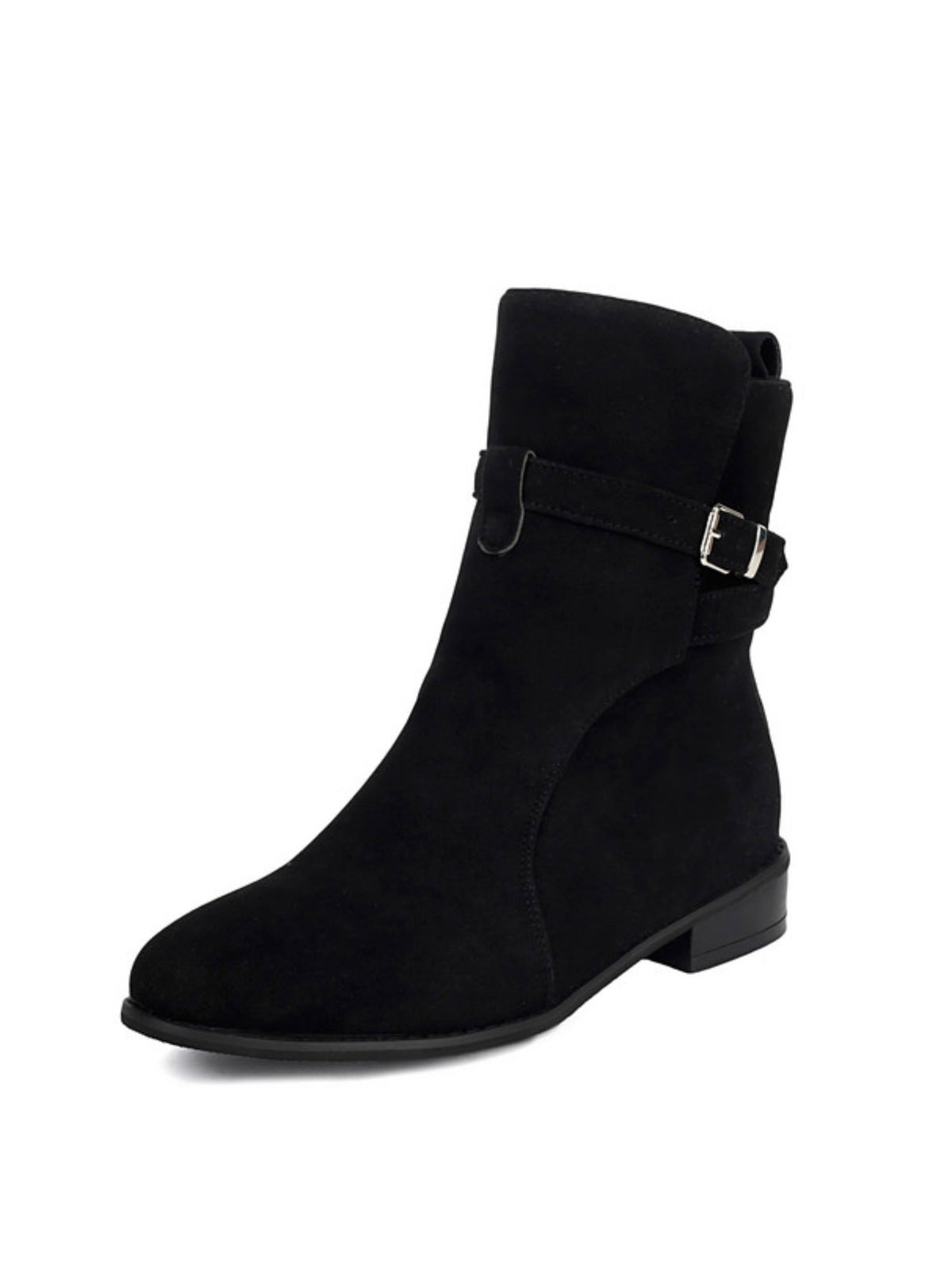 Women ankle boots buckle strap block heel in black faux suede