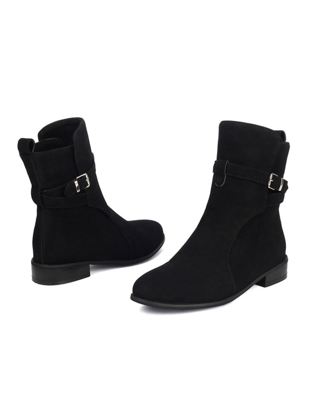 Women ankle boots buckle strap block heel in black faux suede