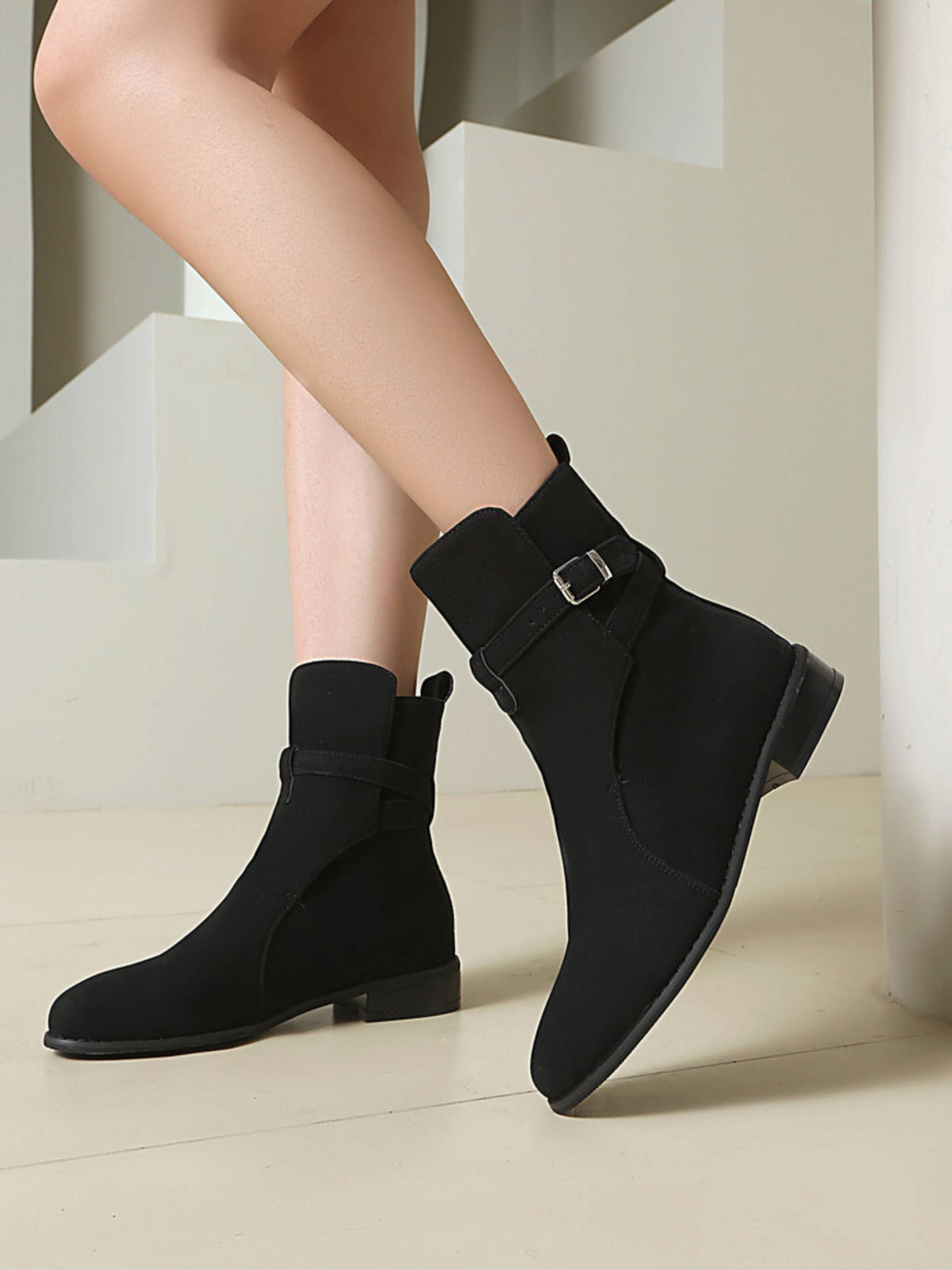 Women ankle boots buckle strap block heel in black faux suede