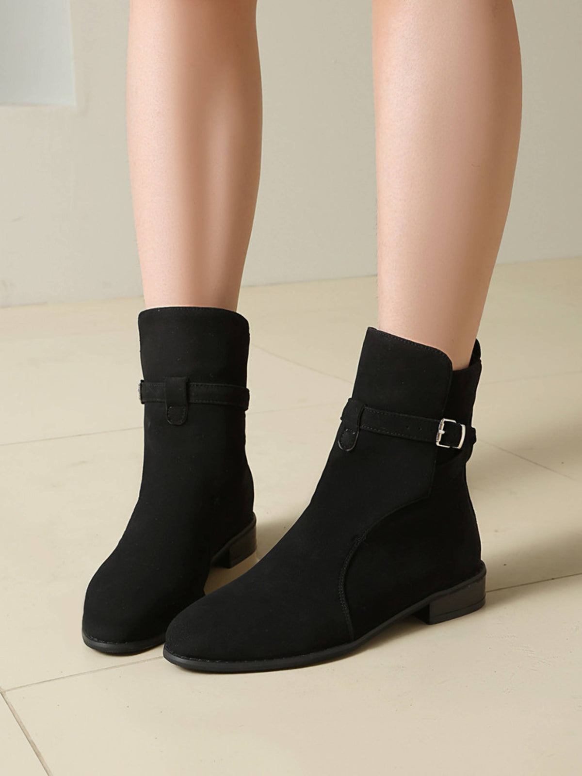 Women ankle boots buckle strap block heel in black faux suede