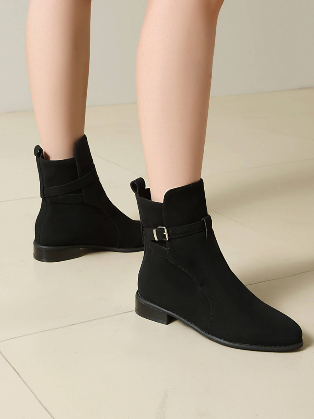 Women ankle boots buckle strap block heel in black faux suede