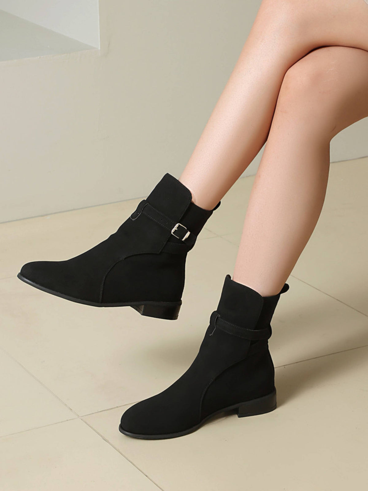 Women ankle boots buckle strap block heel in black faux suede
