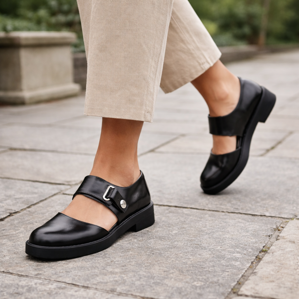 Women's Mary Jane Shoes | Black Leather, Adjustable Strap