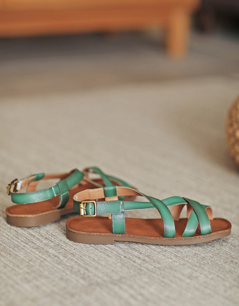 Cushioned Leather Sandals | Women's, Breathable Lining | Green, Beige, Brown