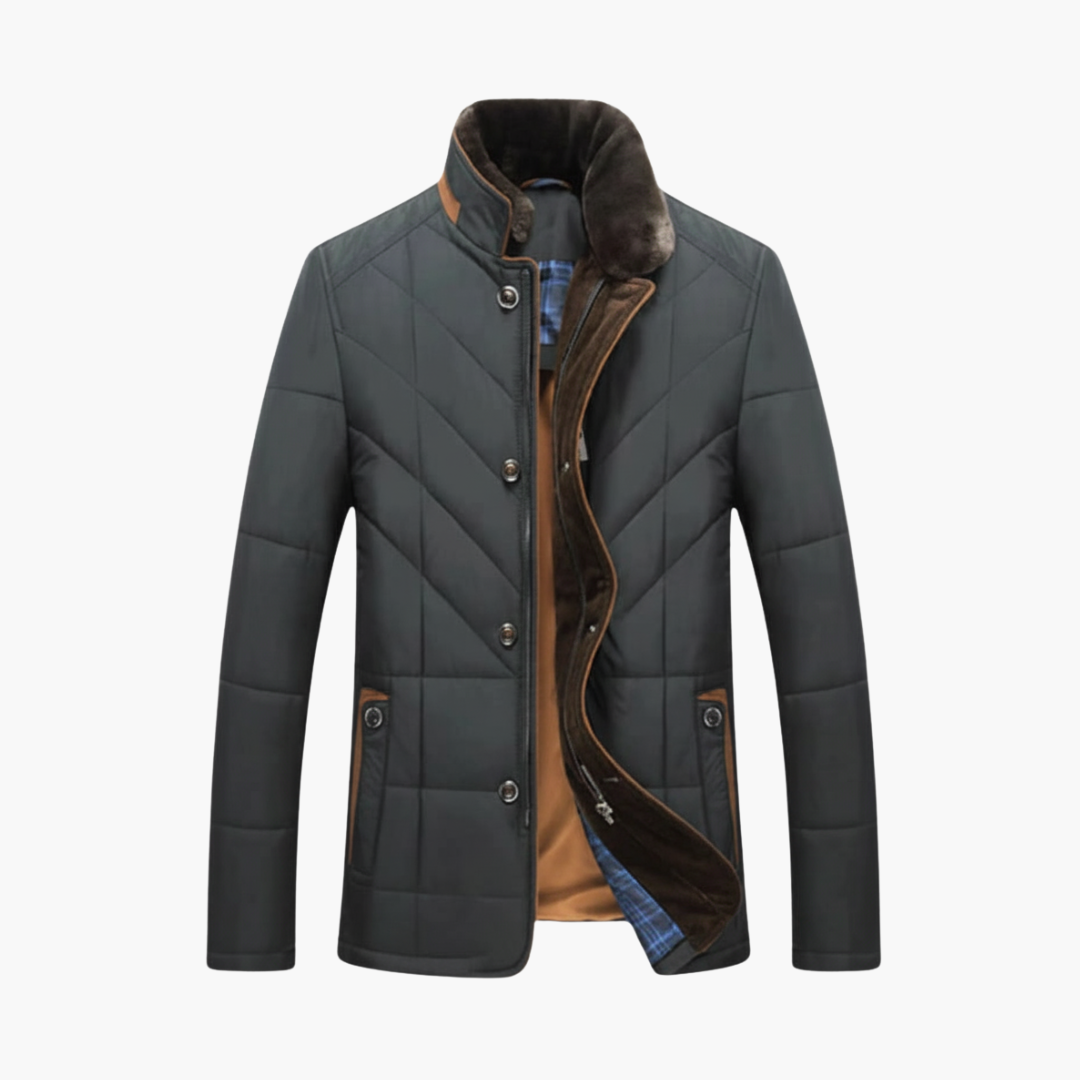 Mens puffer jacket stand collar with quilted button front and long sleeves