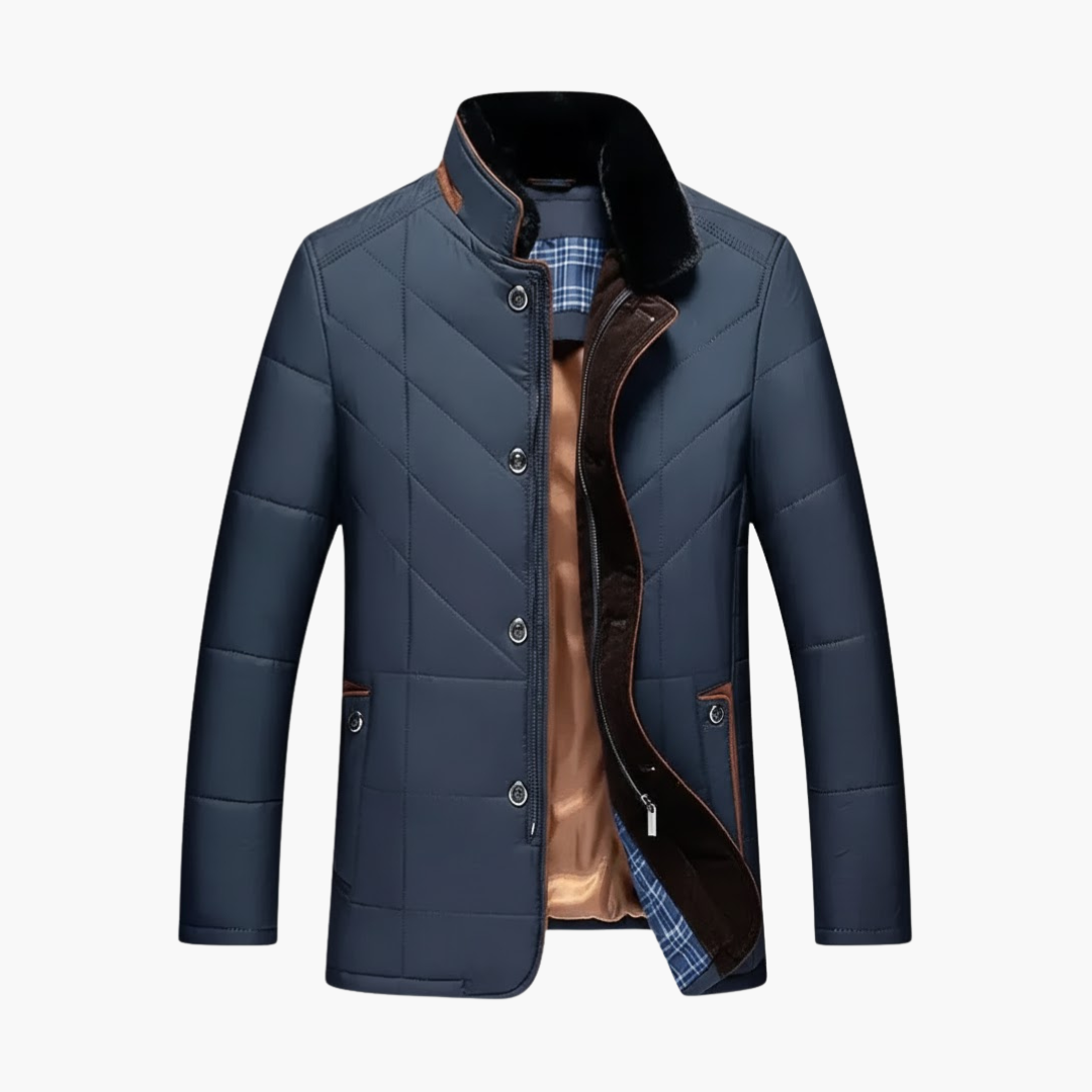 Mens puffer jacket stand collar with quilted button front and long sleeves