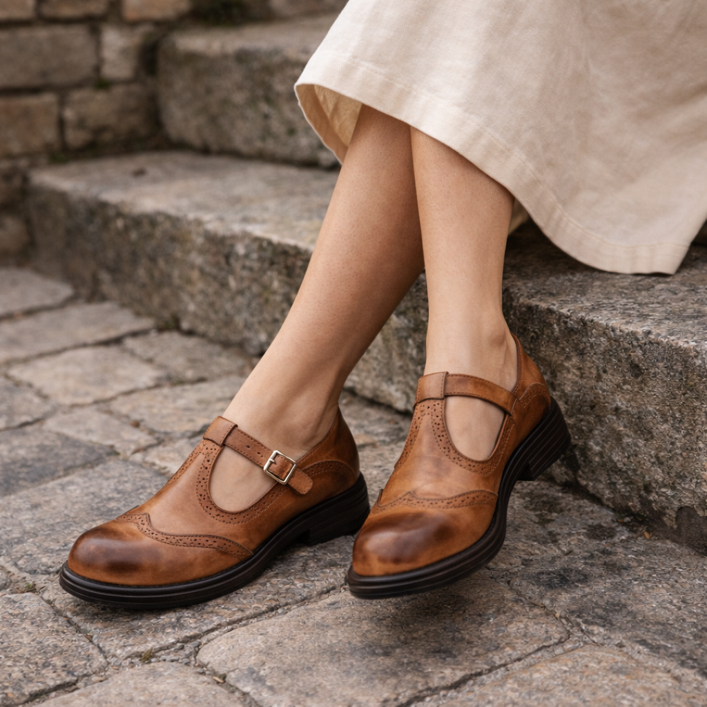 Women's Mary Jane Shoes | Leather Brogue Flats | Buckle Strap