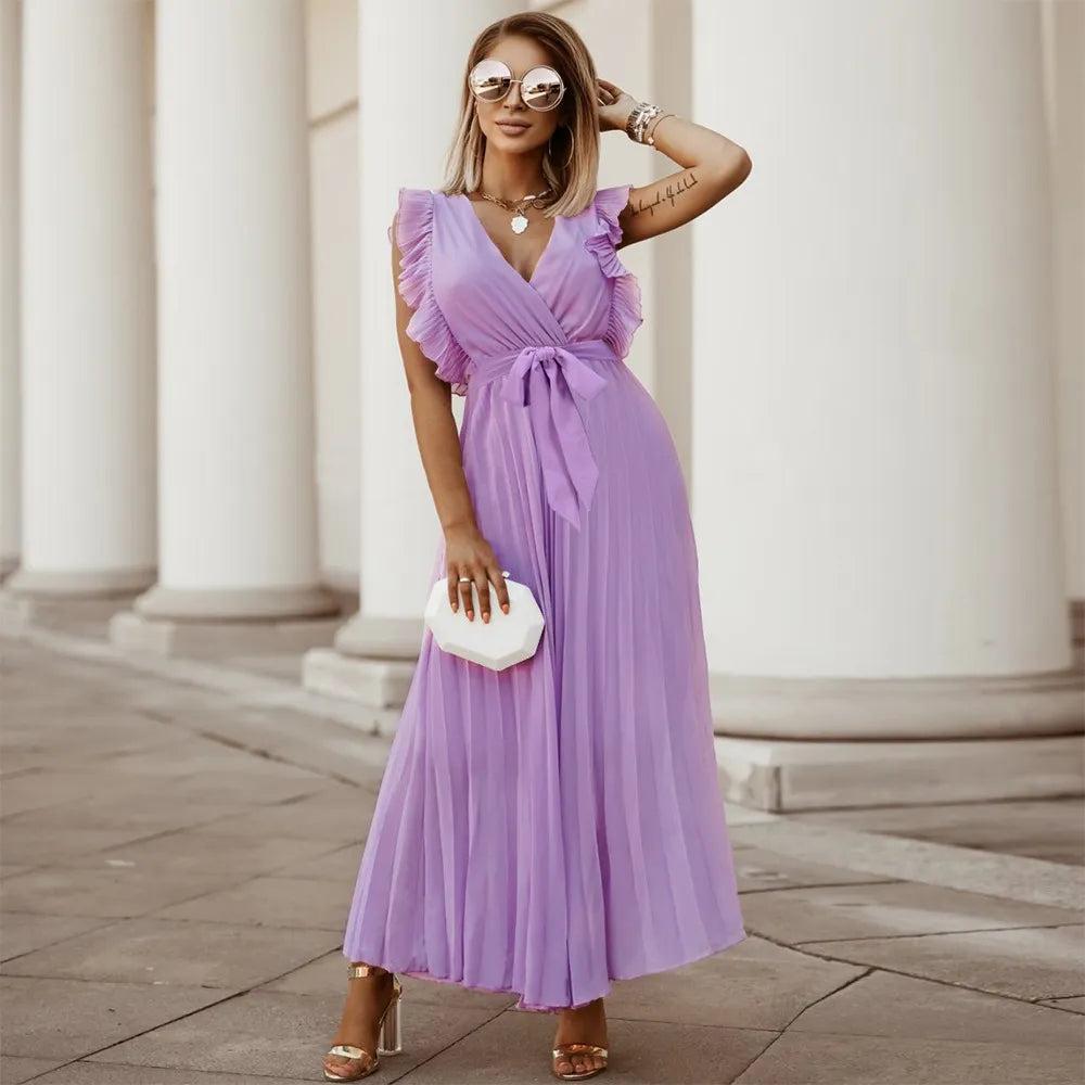 Maxi Dress | V Neck Evening Dress, Ruffle Detail | Women's Formal