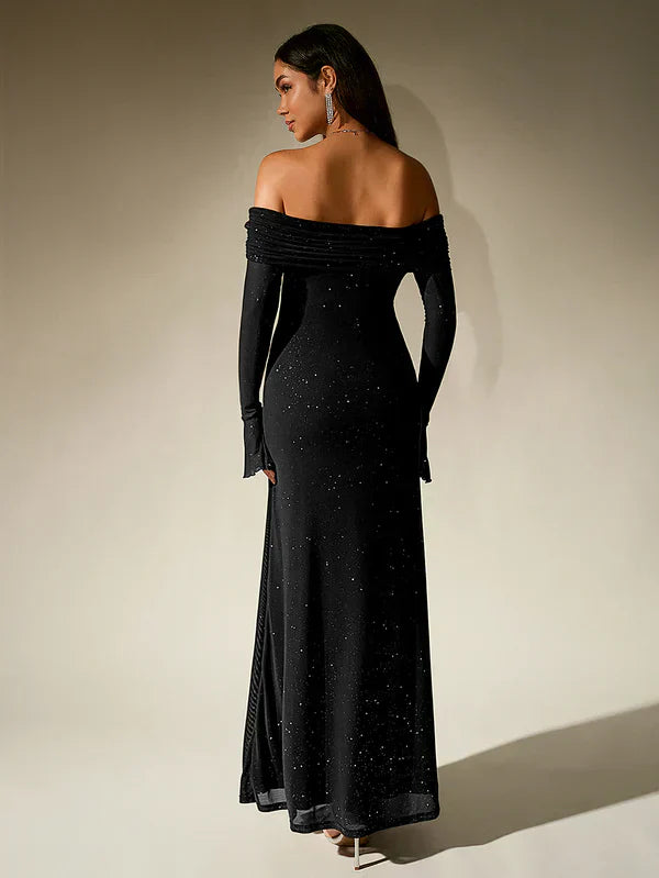 Evening Dress | Strapless Glitter Dress | Sheer Sleeve Formal