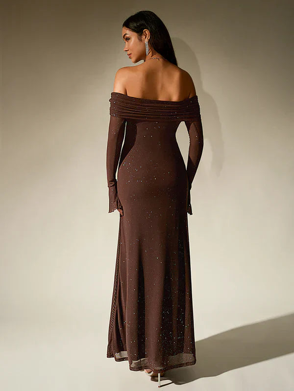 Evening Dress | Strapless Glitter Dress | Sheer Sleeve Formal