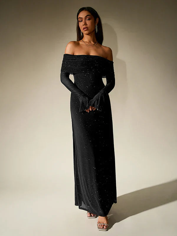 Evening Dress | Strapless Glitter Dress | Sheer Sleeve Formal