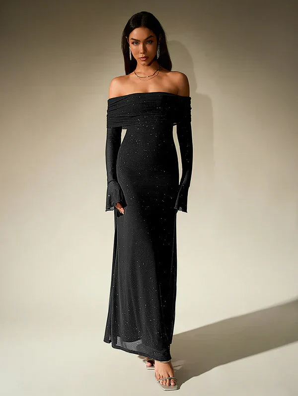 Evening Dress | Strapless Glitter Dress | Sheer Sleeve Formal