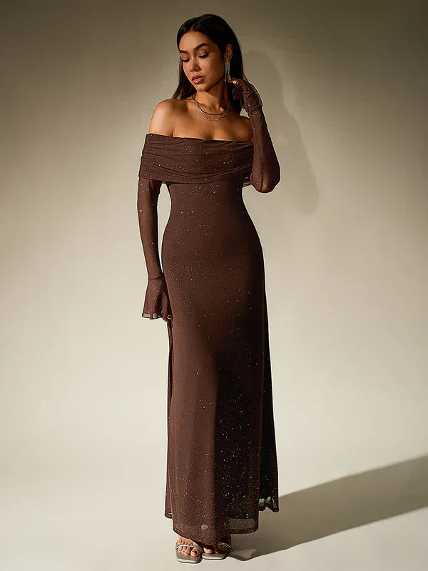 Evening Dress | Strapless Glitter Dress | Sheer Sleeve Formal