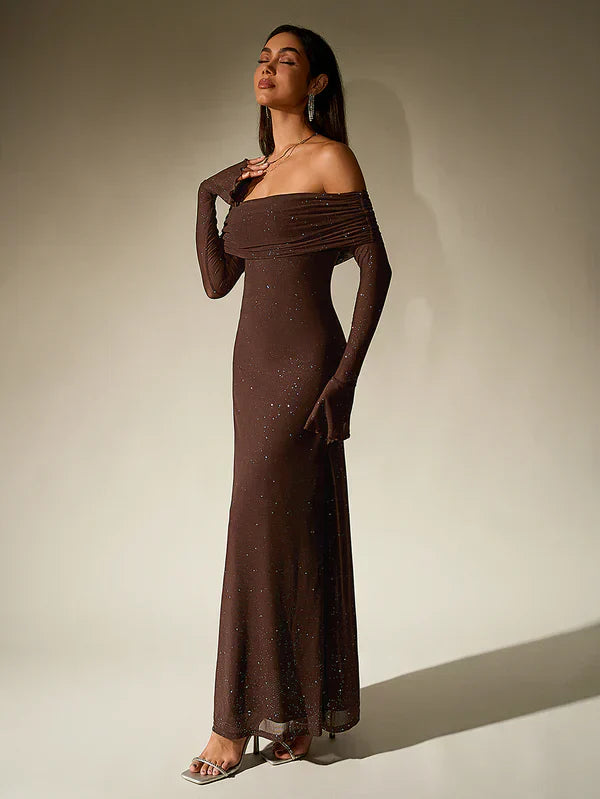 Evening Dress | Strapless Glitter Dress | Sheer Sleeve Formal
