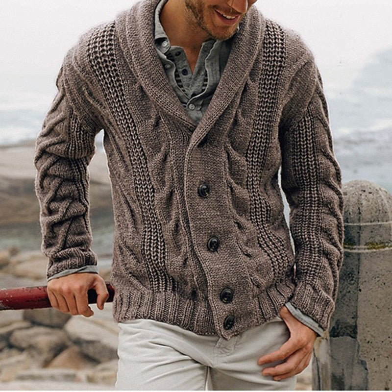 Men cable knit cardigan with shawl collar button closure hip length