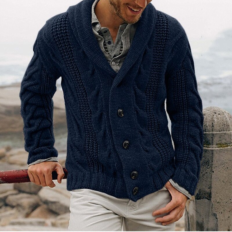 Men cable knit cardigan with shawl collar button closure hip length