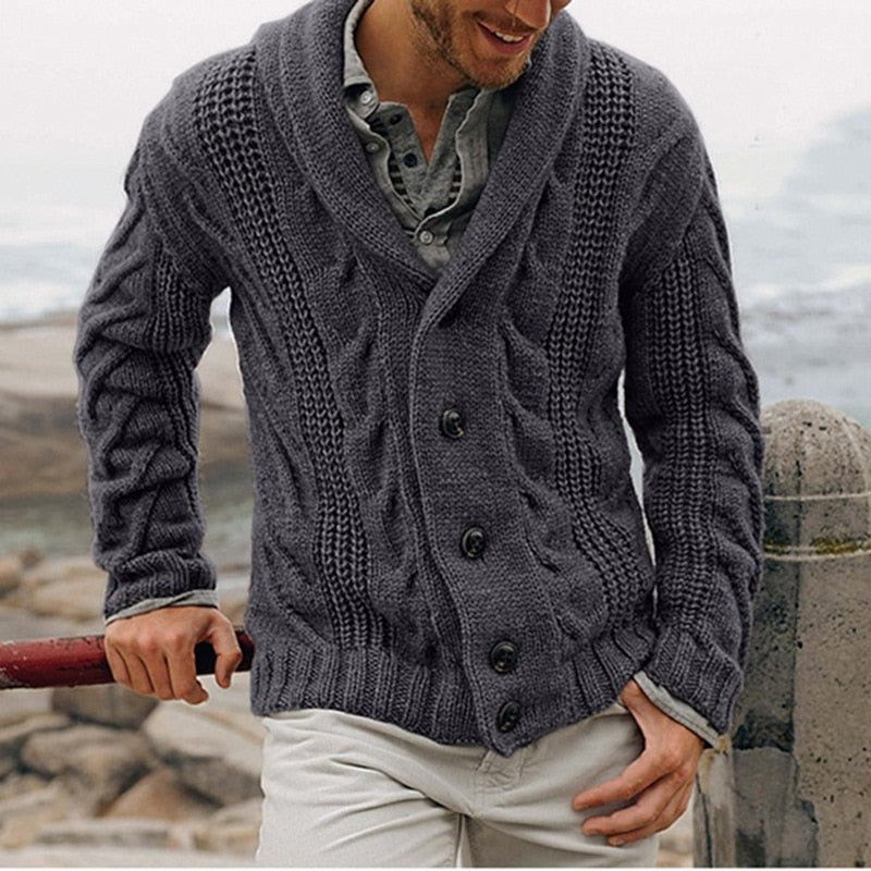 Men cable knit cardigan with shawl collar button closure hip length