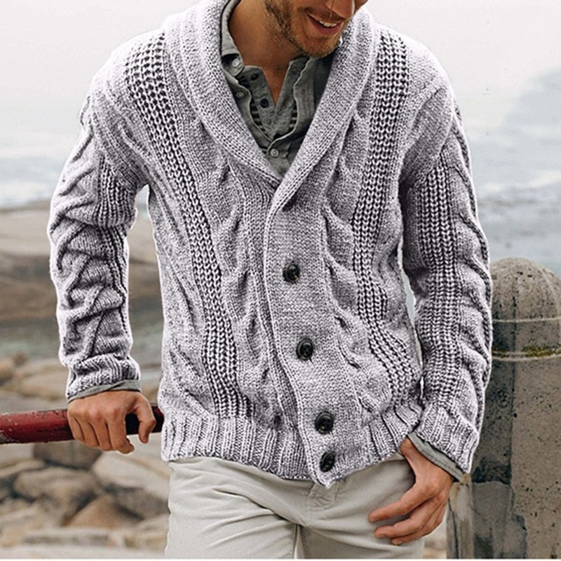 Men cable knit cardigan with shawl collar button closure hip length