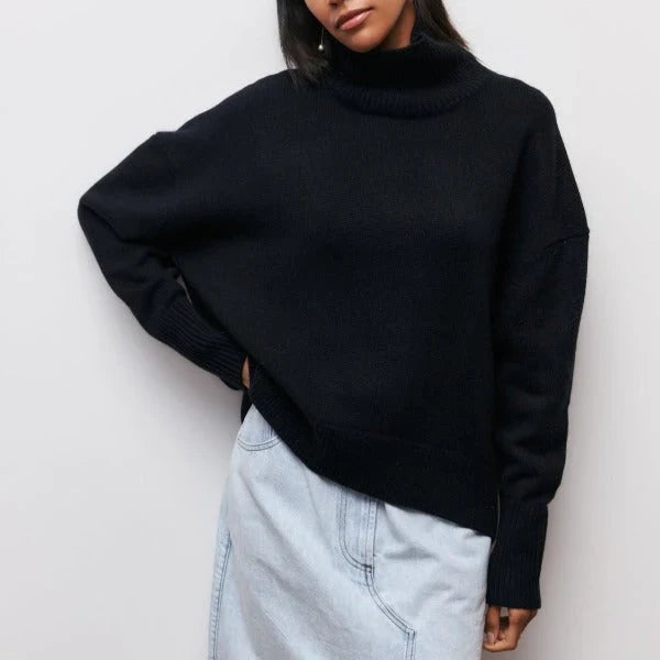 Women oversized knit turtleneck sweater dropped shoulders ribbed cuffs