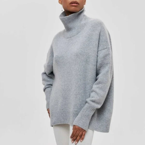 Women oversized knit turtleneck sweater dropped shoulders ribbed cuffs