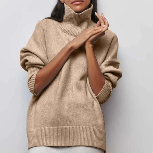 Women oversized knit turtleneck sweater dropped shoulders ribbed cuffs